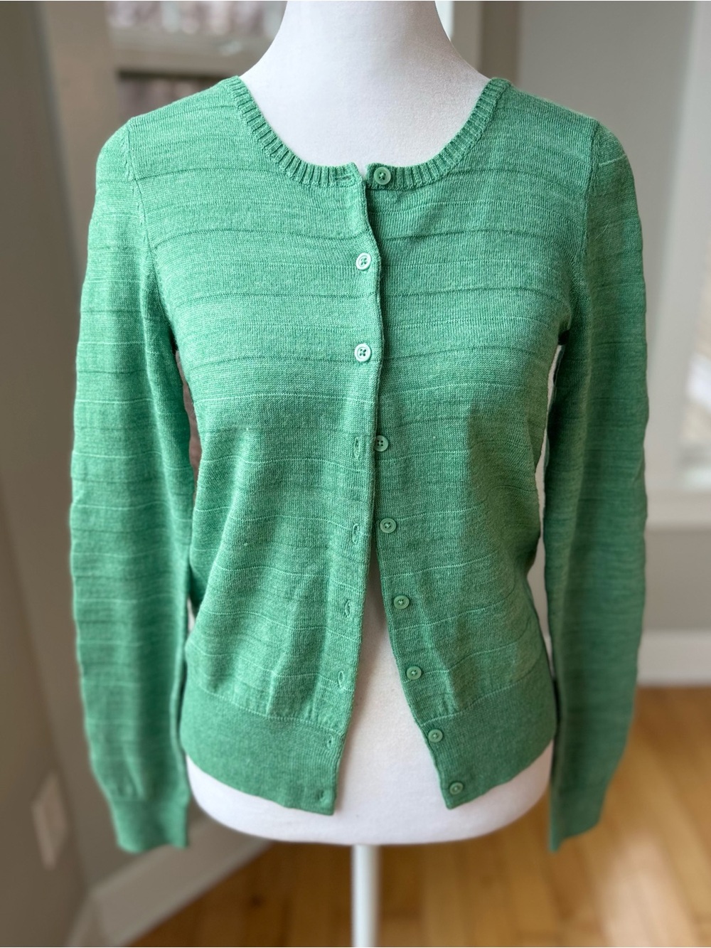 The Limited Emerald Green Ribbed Striped Merino Wool Crewneck Cardigan Sz Small
